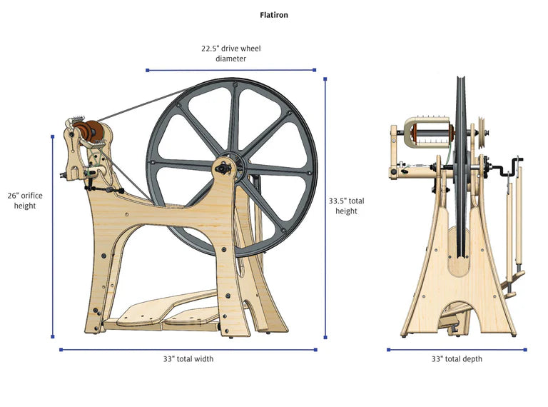 Schacht Flatiron spinning wheel dimension drawing: wheel diameter, orifice height and footprint